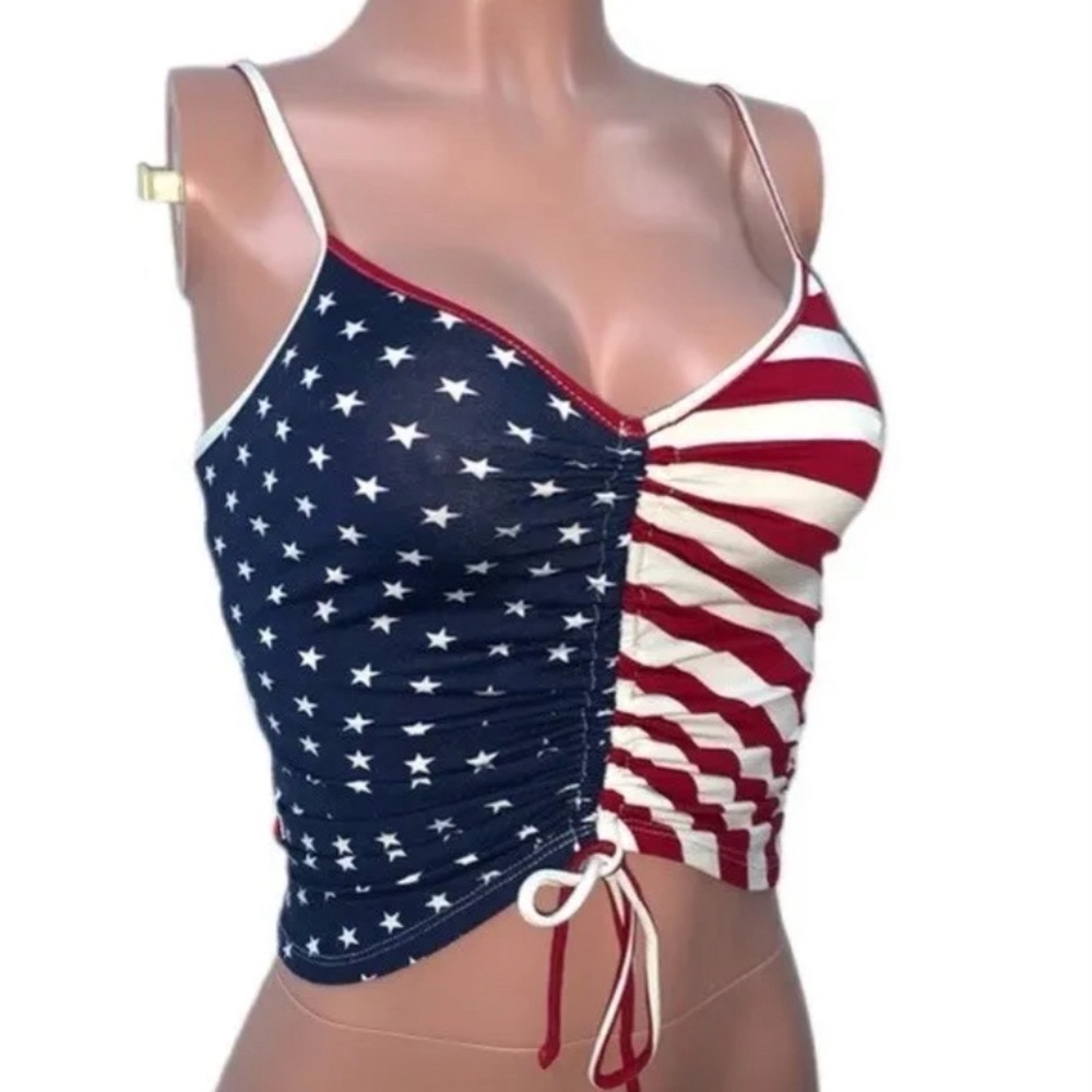 Sexy red, white & blue Flag Drawstring front crop cleavage top new Festival top